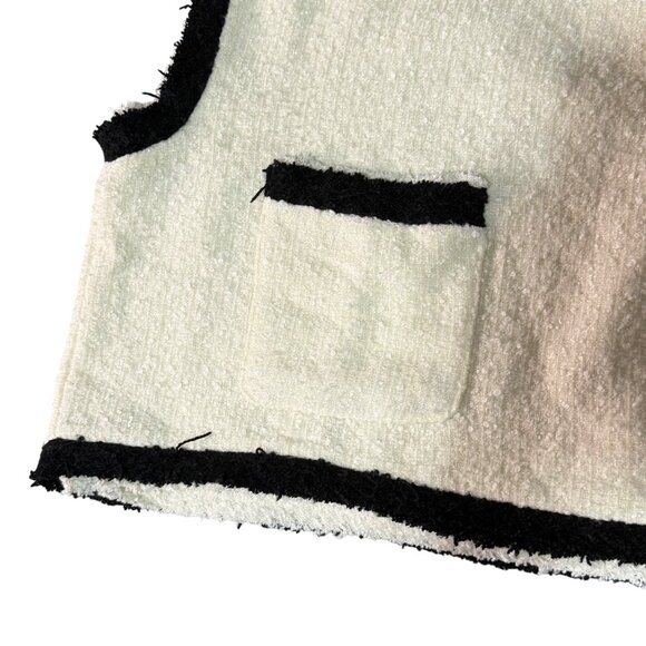 Tweed Contrast Trim Sleeveless Crop Top With Pockets Womens Small White & Black - Picture 2 of 6